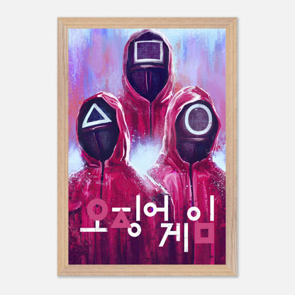 "Squid Game fine art print featuring iconic red-hooded guards with masks in a minimalist design."