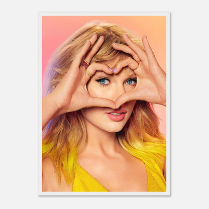 Taylor Swift making a heart shape with her hands in a vibrant, colorful framed print showcasing her charisma and charm.