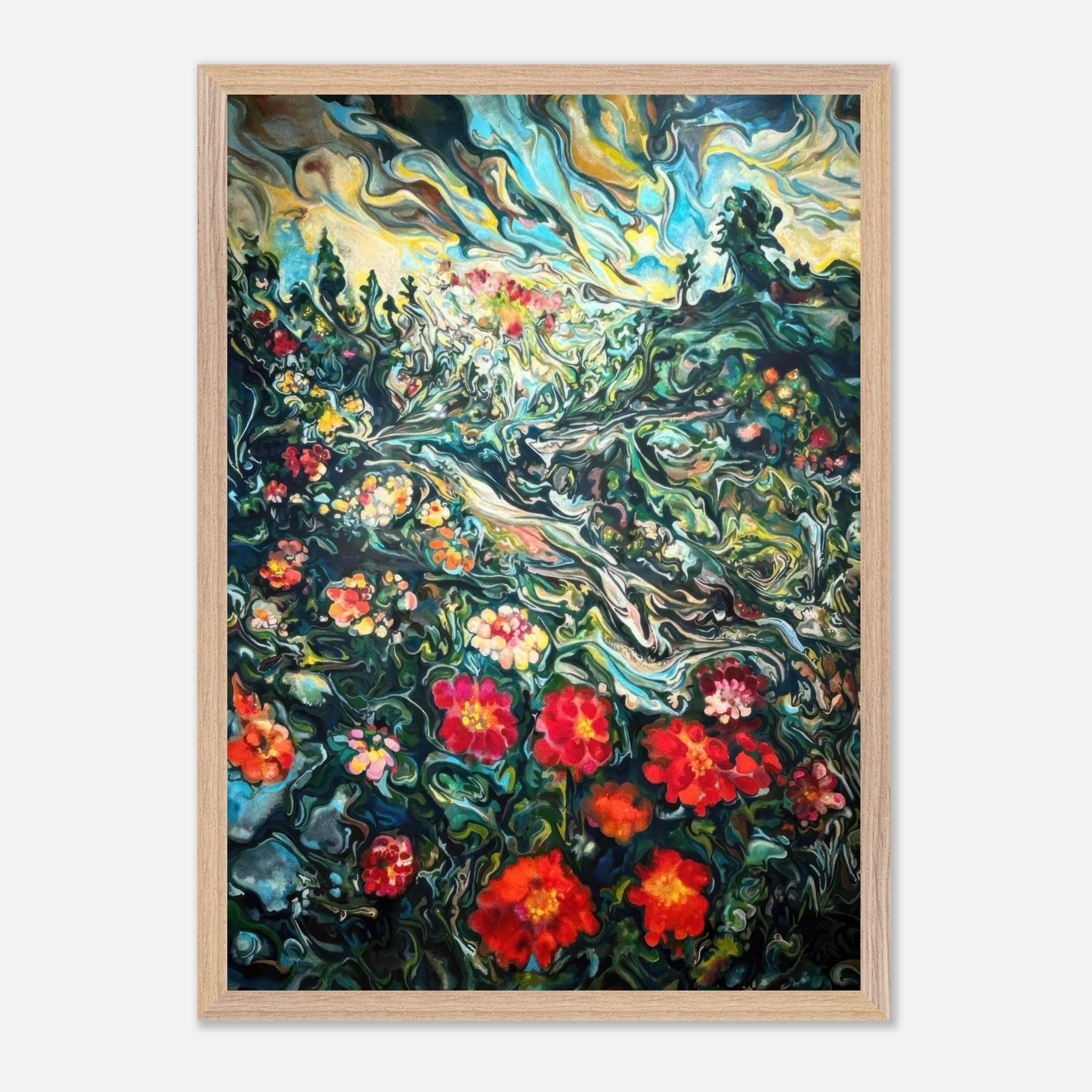 Abstract floral landscape painting with vibrant colors and dreamy brushstrokes, creating a captivating fine art masterpiece.