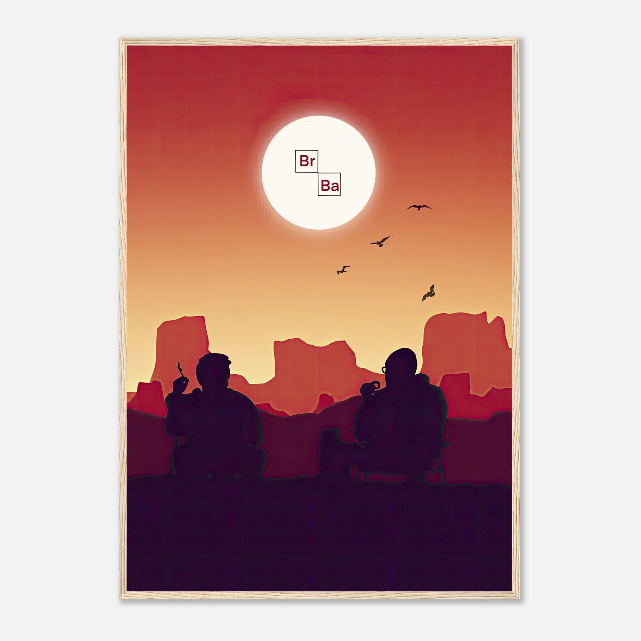 Sunset Breaking Bad framed poster featuring Walt and Jesse against a vibrant sunset in the desert. Perfect for fans of the series.