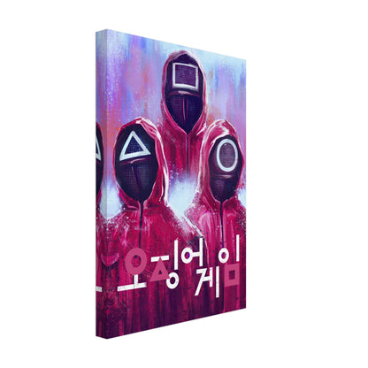 Squid Game canvas print featuring iconic masked characters in vibrant red and purple with Korean text design.