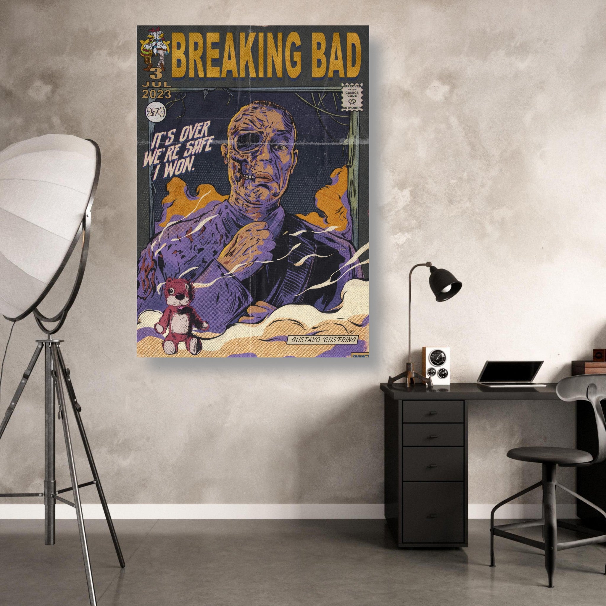 Breaking Bad metal print featuring a retro comic style artwork of Gustavo Fring, celebrating iconic television moments.