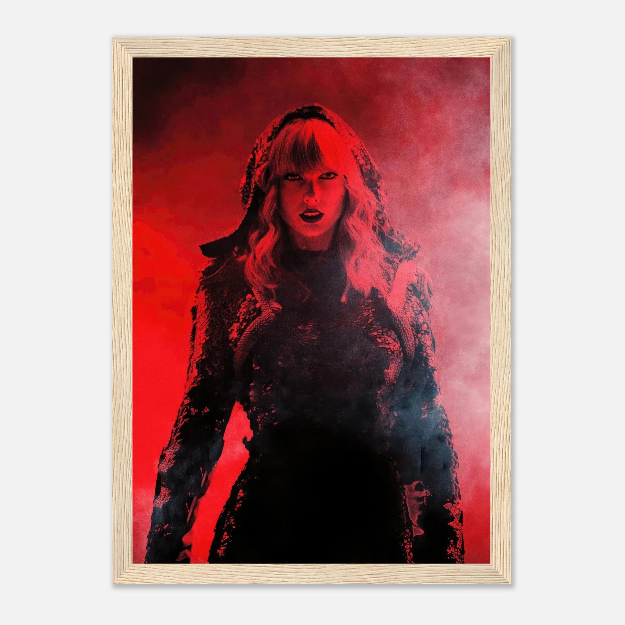 Taylor Swift Red Framed Print showcasing a striking image of the artist in a vibrant red hue, perfect for fans and art lovers.