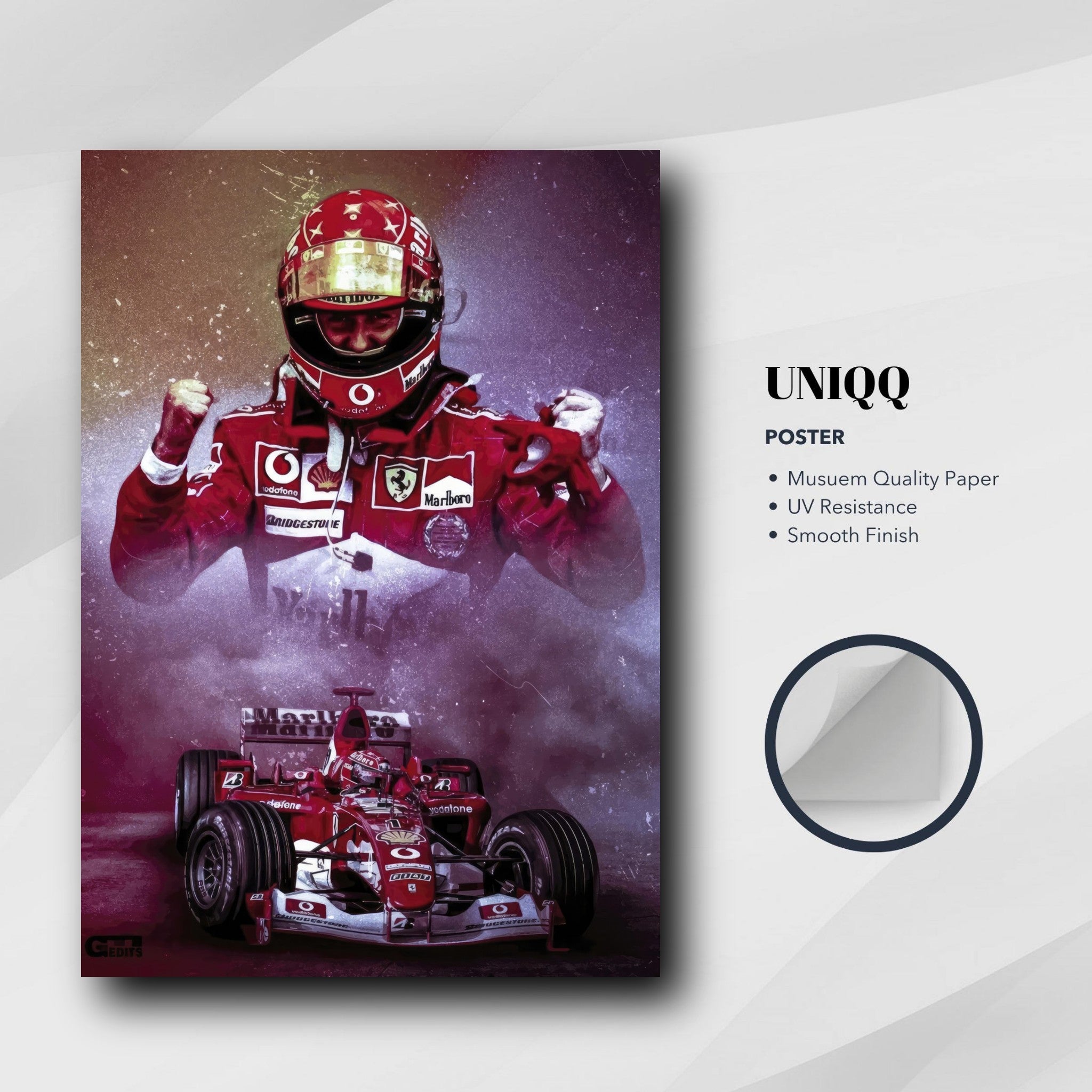 Michael Schumacher poster featuring him in Ferrari suit, celebrating speed and excellence in Formula 1 racing.