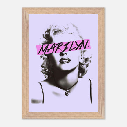 Vintage framed print of Marilyn Monroe with bold pink graphic detail on a lavender background. Perfect for elegant decor.