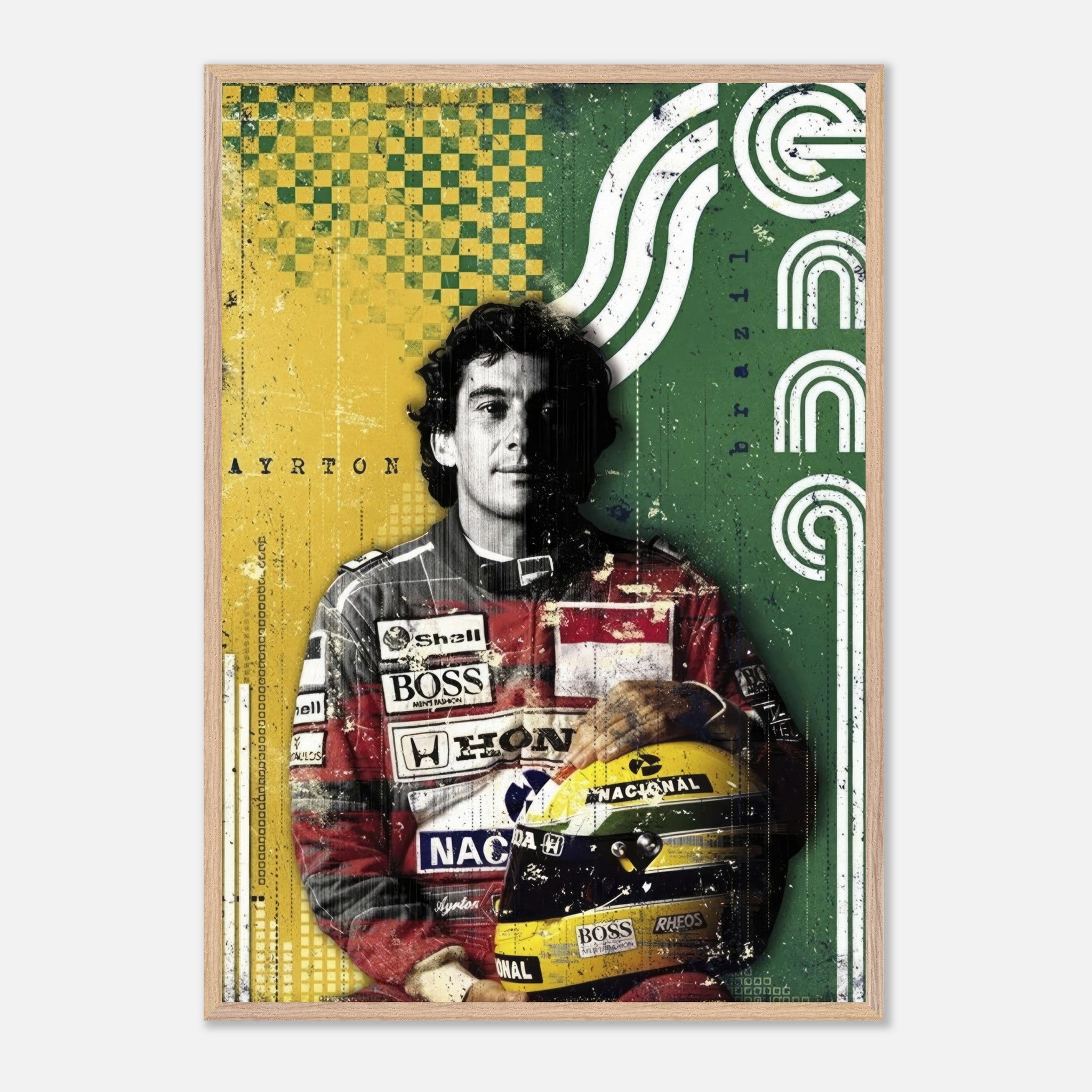 Vintage framed print of Ayrton Senna, showcasing F1 legend in vibrant Brazilian colors and retro design.