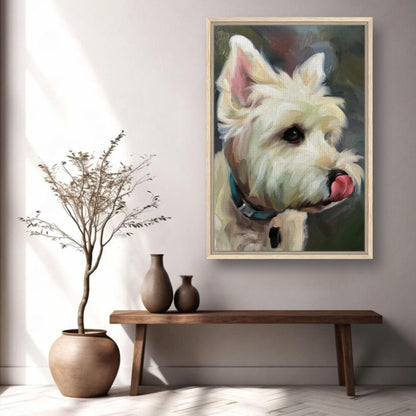 Framed canvas print of a playful West Highland White Terrier in a modern interior setting.