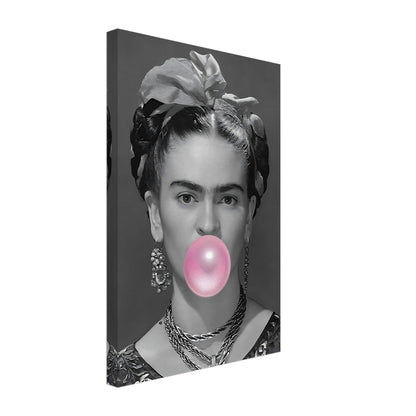 Frida Kahlo Bubble Gum canvas art with grayscale portrait and vibrant pink bubble gum detail. Perfect for contemporary decor.