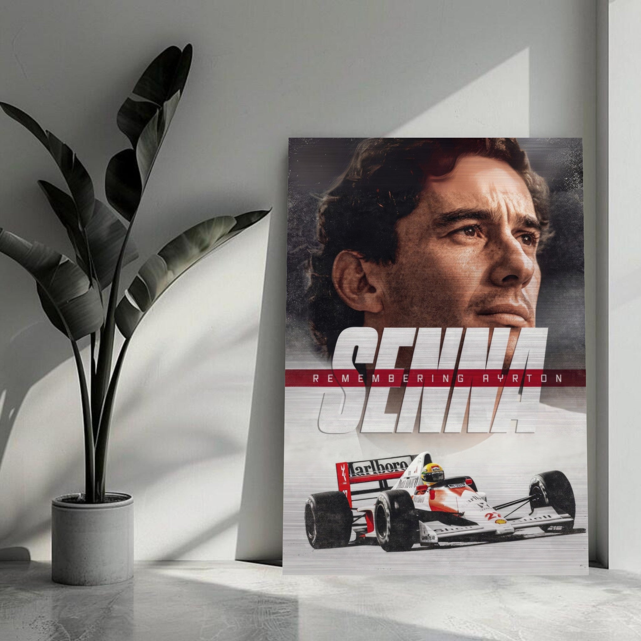 Ayrton Senna brushed metal art tribute capturing his racing legacy with modern design and sophistication.