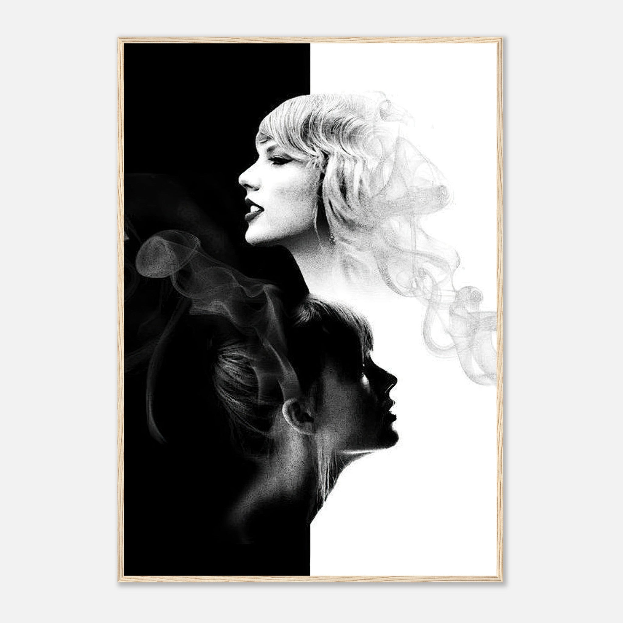 Taylor Swift black and white framed print showcasing dual-portrait design with elegant light and shadow elements.