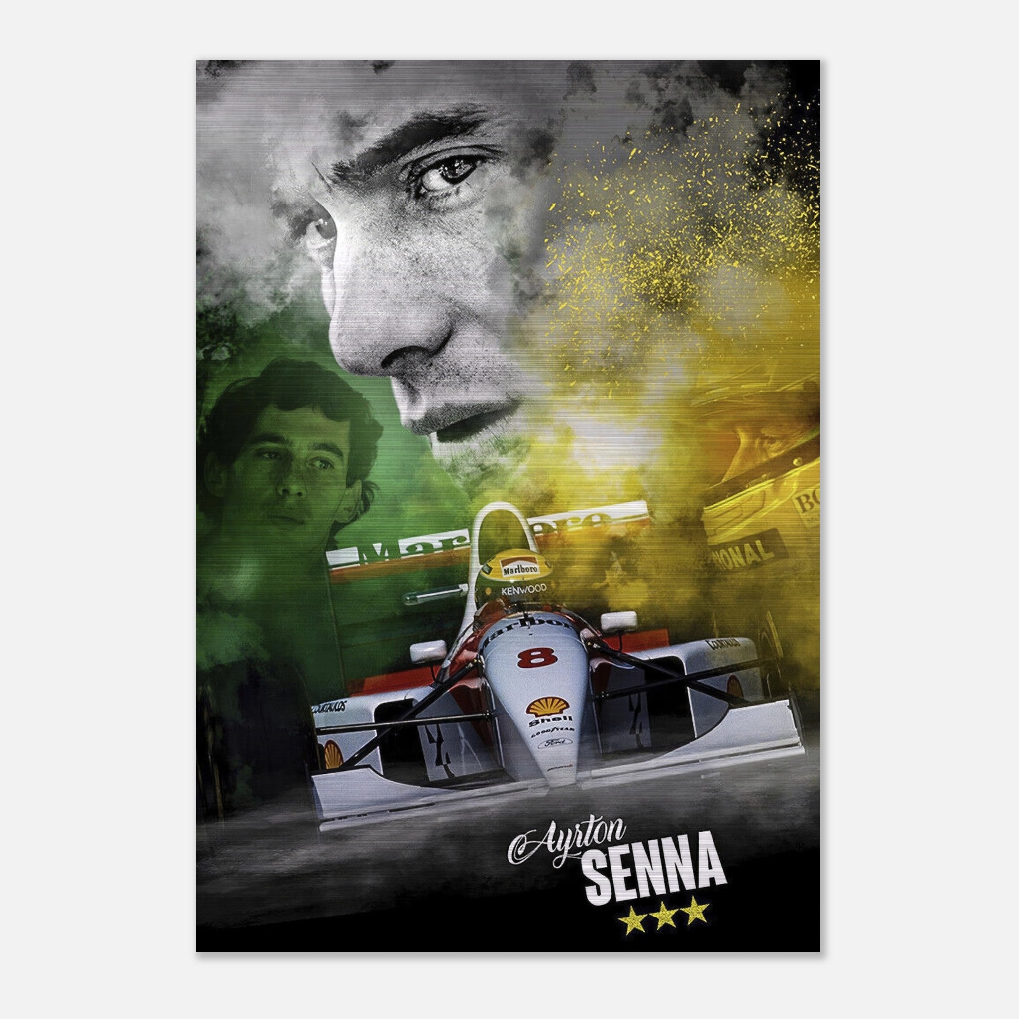 Ayrton Senna F1 brushed metal print featuring dynamic design and vibrant colors, perfect for Formula 1 fans.