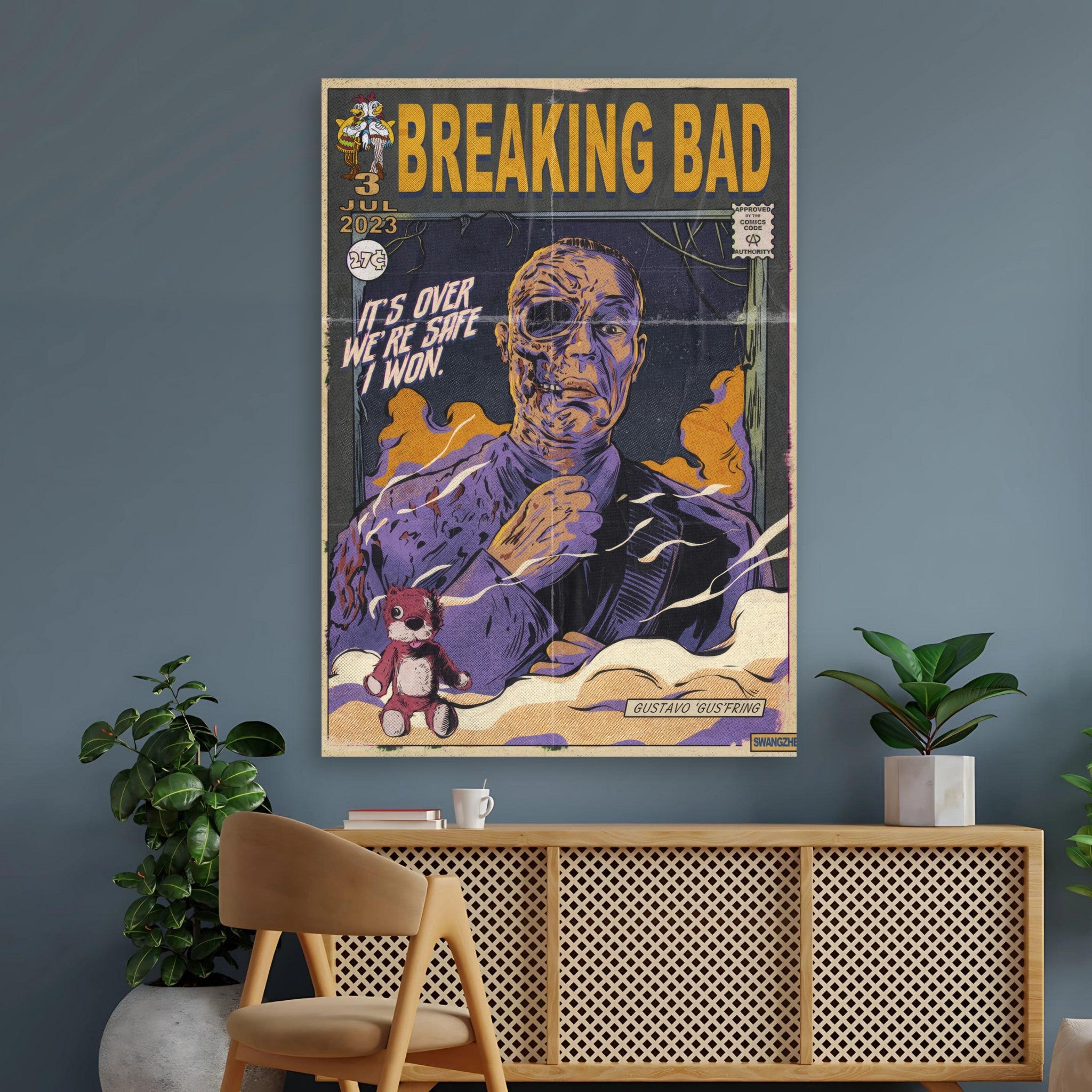 Vintage Breaking Bad poster featuring a character with the text "It's over, we're safe, we won" in bold comic style.