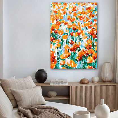Vibrant Abstract Floral Tulip Garden Poster with bold orange tulips against a blue background, adding color to modern decor.