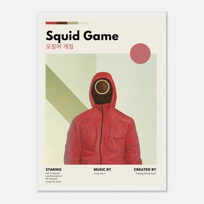 Vintage Squid Game framed print featuring a red-hooded figure and minimalist design, capturing the essence of the popular series.