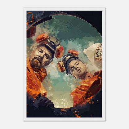 Cook & Clean Breaking Bad framed print featuring Walter White and Jesse Pinkman in hazmat suits, vibrant artwork.