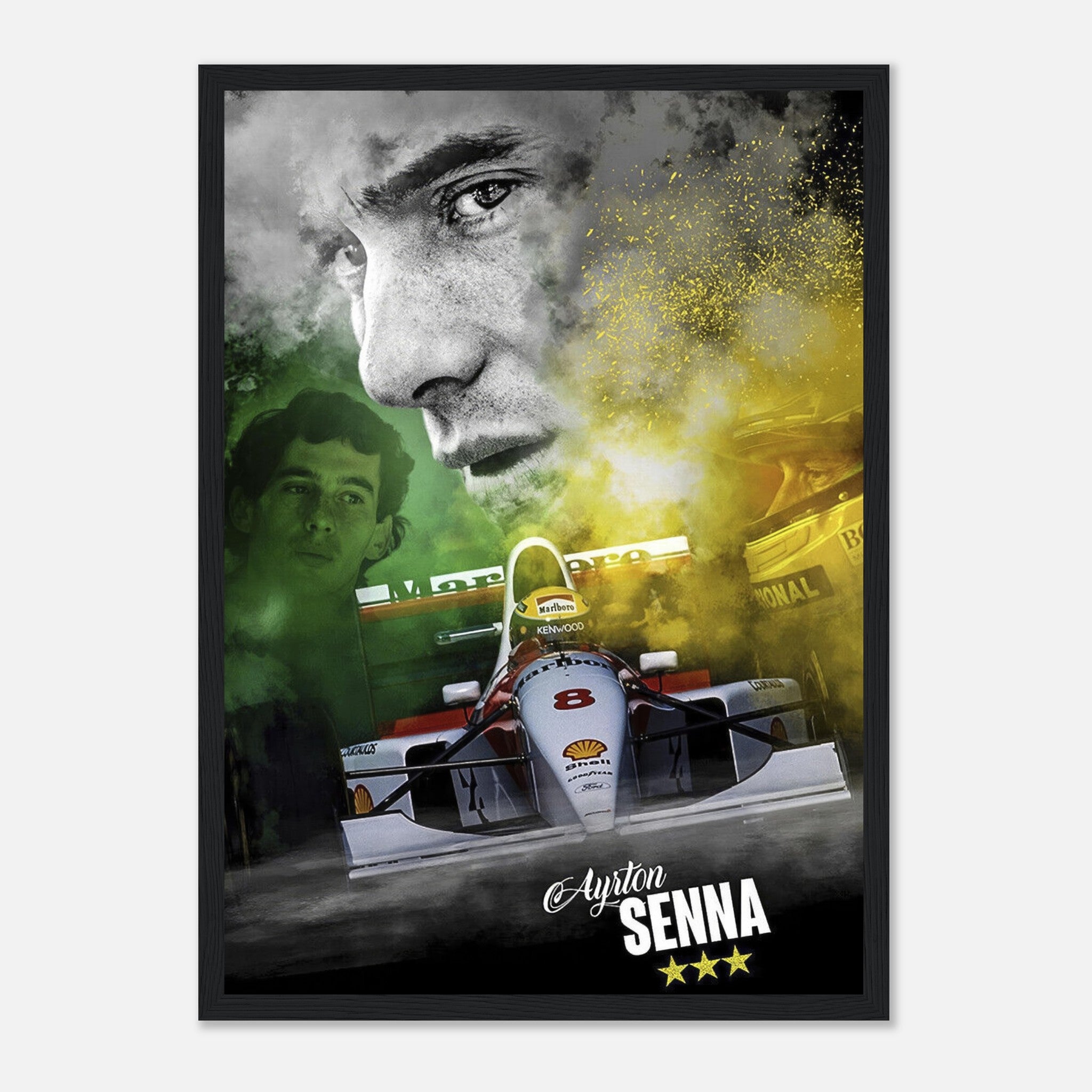 Framed print of Ayrton Senna in McLaren, featuring vibrant colors and detailed artwork celebrating the F1 legend.