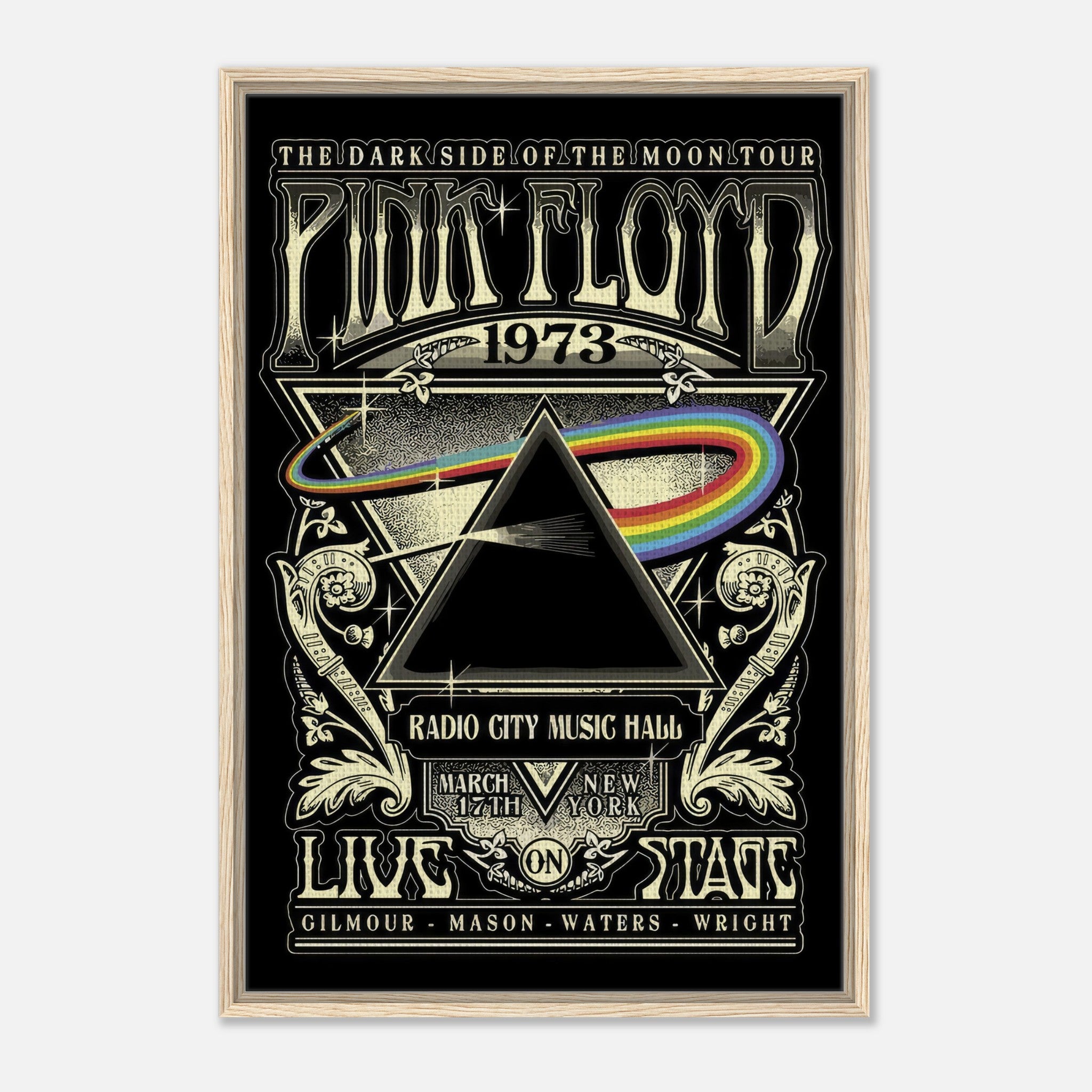 Pink Floyd Dark Side of the Moon 1973 tour poster framed canvas print, featuring iconic prism and rainbow design.