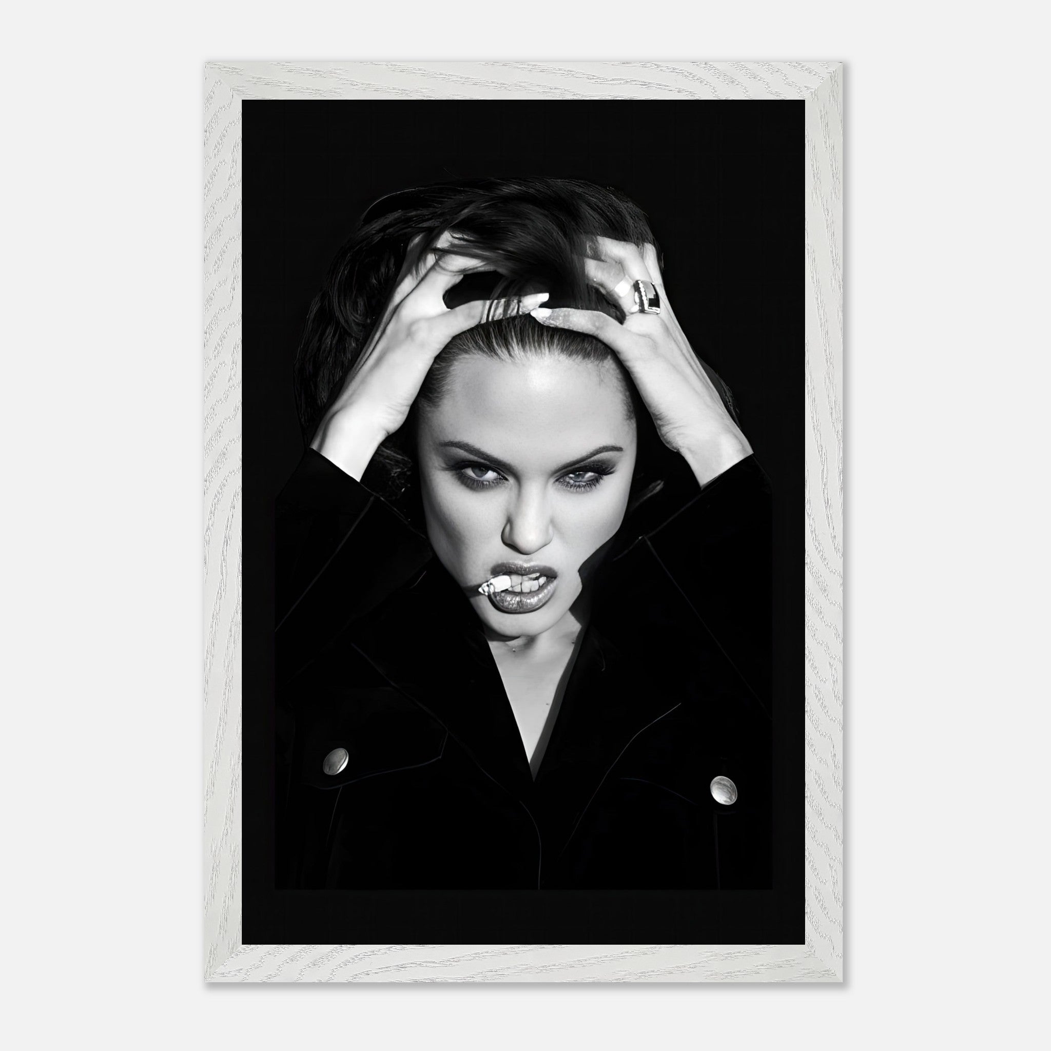 Angelina Jolie smoking vintage framed print featuring a bold black-and-white portrait with striking details and Hollywood glamor.