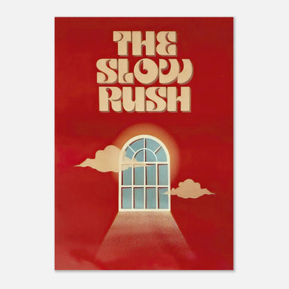 The Slow Rush poster featuring vibrant red backdrop, dreamy clouds, and vintage-inspired typography.