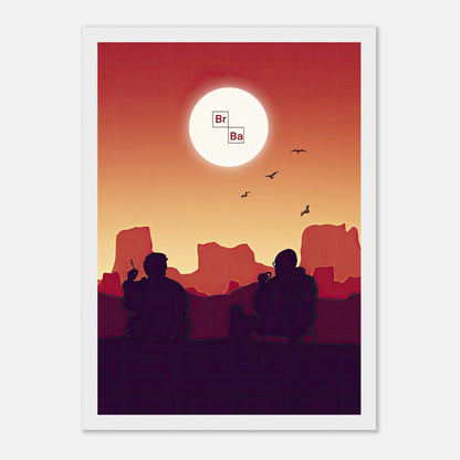 Sunset Breaking Bad framed poster featuring Walt and Jesse against a fiery sunset backdrop, perfect for fans.