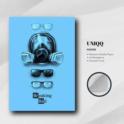 Breaking Bad minimalist poster featuring a gas mask and glasses on a bold blue backdrop, perfect for fans and decor enthusiasts.