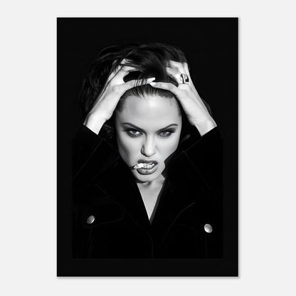 Angelina Jolie Smoking metal print, bold black-and-white artwork showcasing raw emotion and cinematic allure.