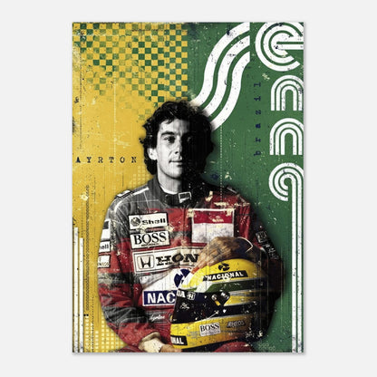 Ayrton Senna F1 Legend poster featuring vibrant colors and dynamic design inspired by his Brazilian heritage.