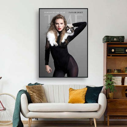 Taylor Swift Time Magazine framed print featuring her and a cat, elegant decor piece for stylish interiors.