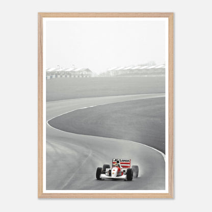 1988 Ayrton Senna McLaren MP4/4 vintage framed art showcasing Formula 1 in motion on track