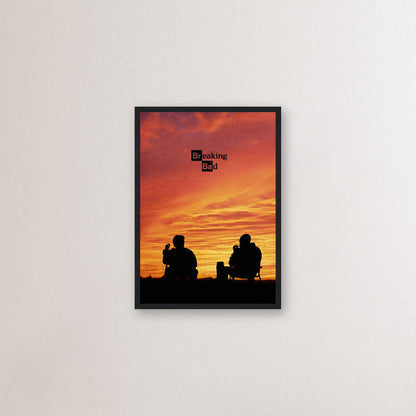 Breaking Bad framed poster featuring Walter White and Jesse Pinkman silhouetted against a vibrant sunset background.