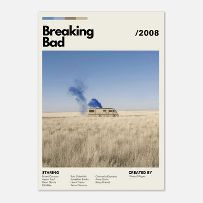 Vintage Breaking Bad poster featuring RV in desert with blue smoke, capturing iconic TV series essence.