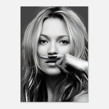 Kate Moss Mustache Poster featuring a glamorous black-and-white image with a playful hand-drawn mustache.