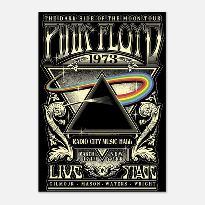 Pink Floyd 1973 Dark Side of the Moon tour poster featuring iconic prism and rainbow design, Radio City Music Hall.