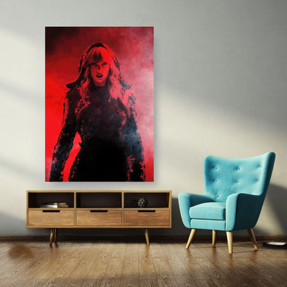 Taylor Swift Red poster on wall, featuring her in a striking pose with a fiery red background, enhancing room decor.