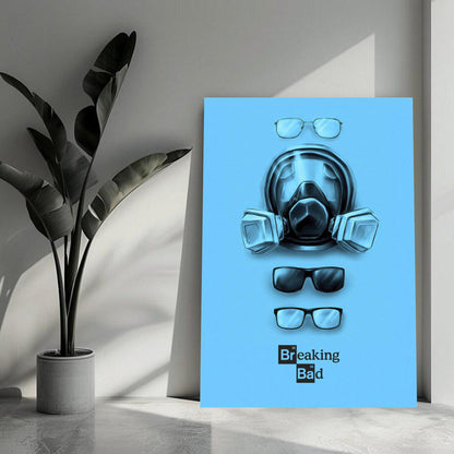 Minimalist Breaking Bad metal poster featuring a gas mask and glasses on a vibrant blue background.