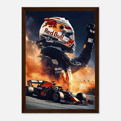 Max Verstappen framed print showcasing Red Bull driver in action with dynamic colors and design, perfect for F1 fans.