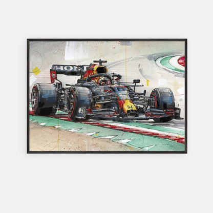 Framed fine art print of Max Verstappen racing with his Red Bull car, showcasing vibrant colors and dynamic movement.