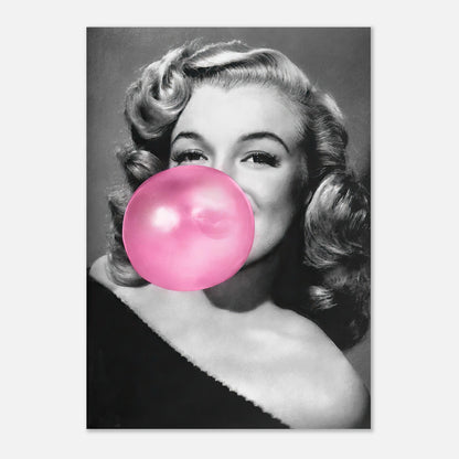 Marilyn Monroe bubble gum poster featuring the iconic actress blowing a large pink bubble in a classic black and white image.