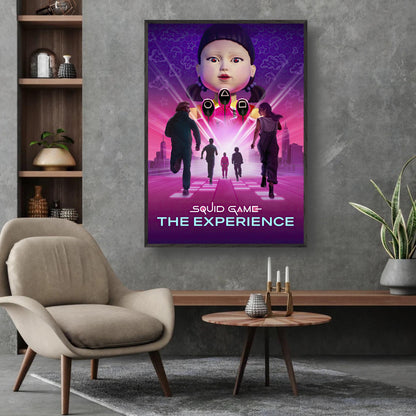 Squid Game fine art print featuring iconic doll and masked figures in vibrant colors, displayed in a modern living space.