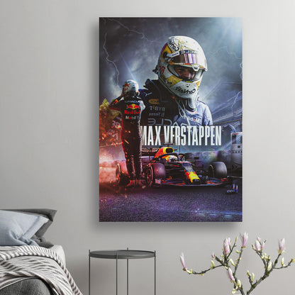 Max Verstappen Red Bull Racing poster featuring vibrant imagery of the racing champion in action, perfect for fans.