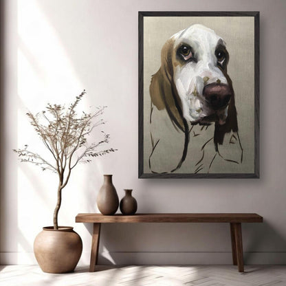 Basset Hound dog painting displayed in a modern living room setting, showcasing fine art and museum-quality craftsmanship.