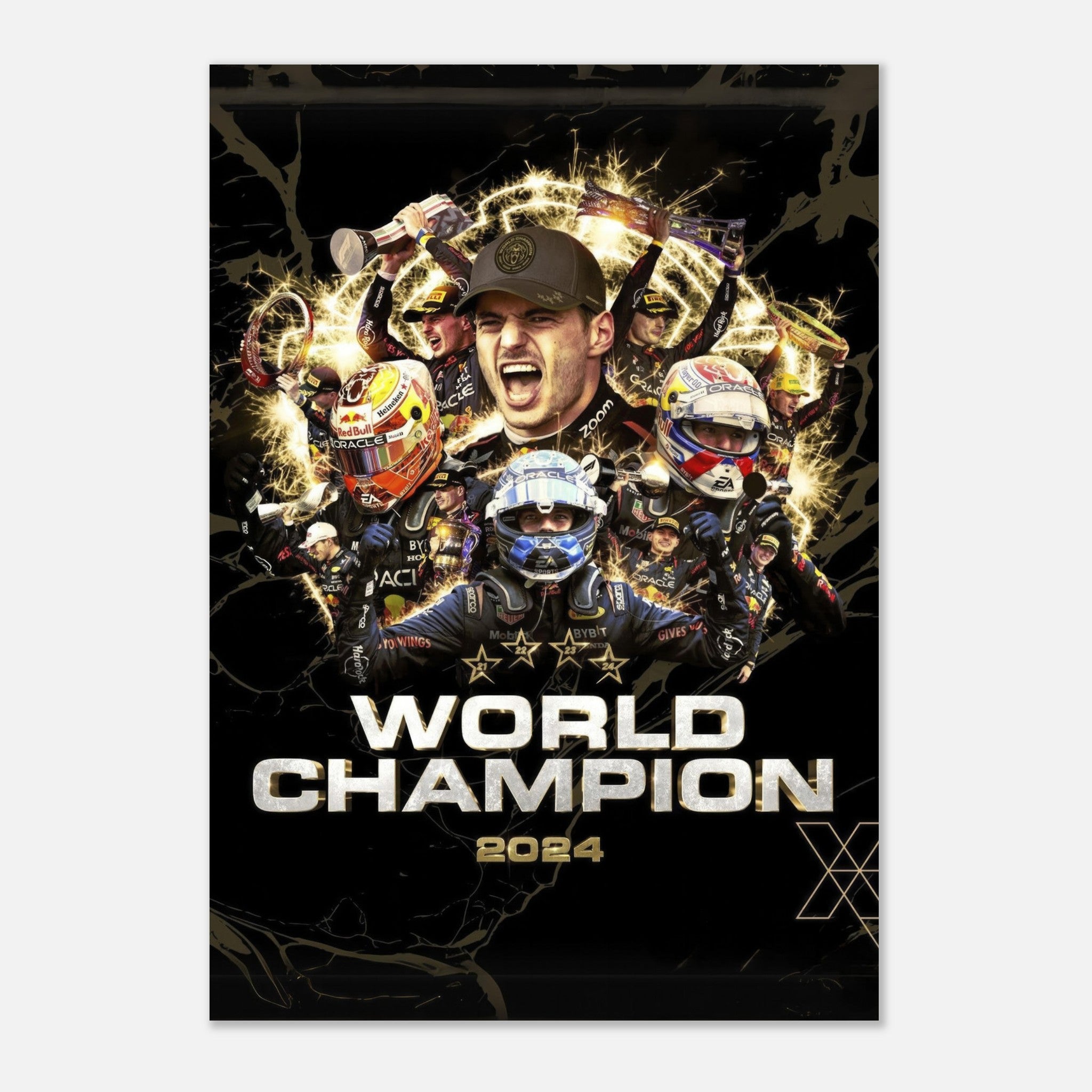 Max Verstappen 2024 F1 World Champion metal print showcasing vibrant artwork and championship moments.