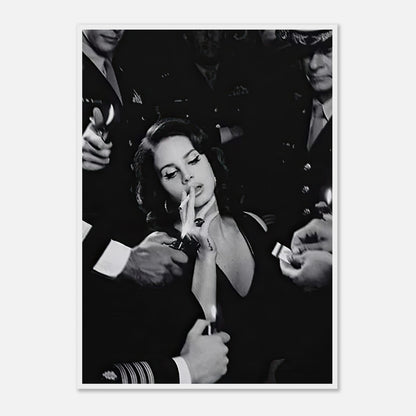 Lana Del Ray Smoking framed print, black-and-white image capturing vintage Hollywood charm and sophistication.