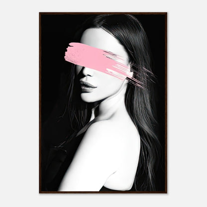 Pink Blindness Framed Print featuring a monochromatic portrait with a bold pink brushstroke, perfect for modern decor.