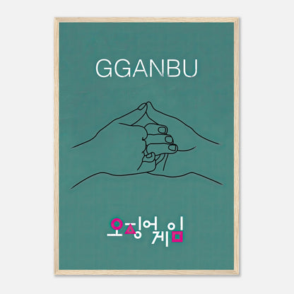 GGANBU Squid Game framed print featuring minimalist hand handshake design on teal background.