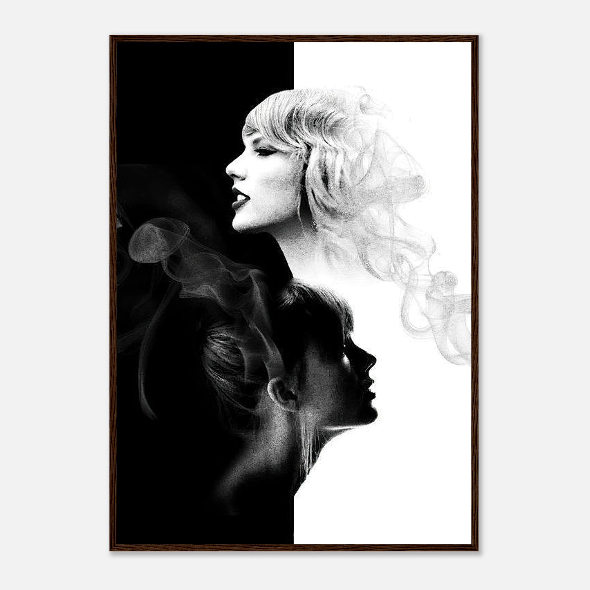 Framed black and white artwork of Taylor Swift highlighting dual portraits with contrasting light and shadow elements.