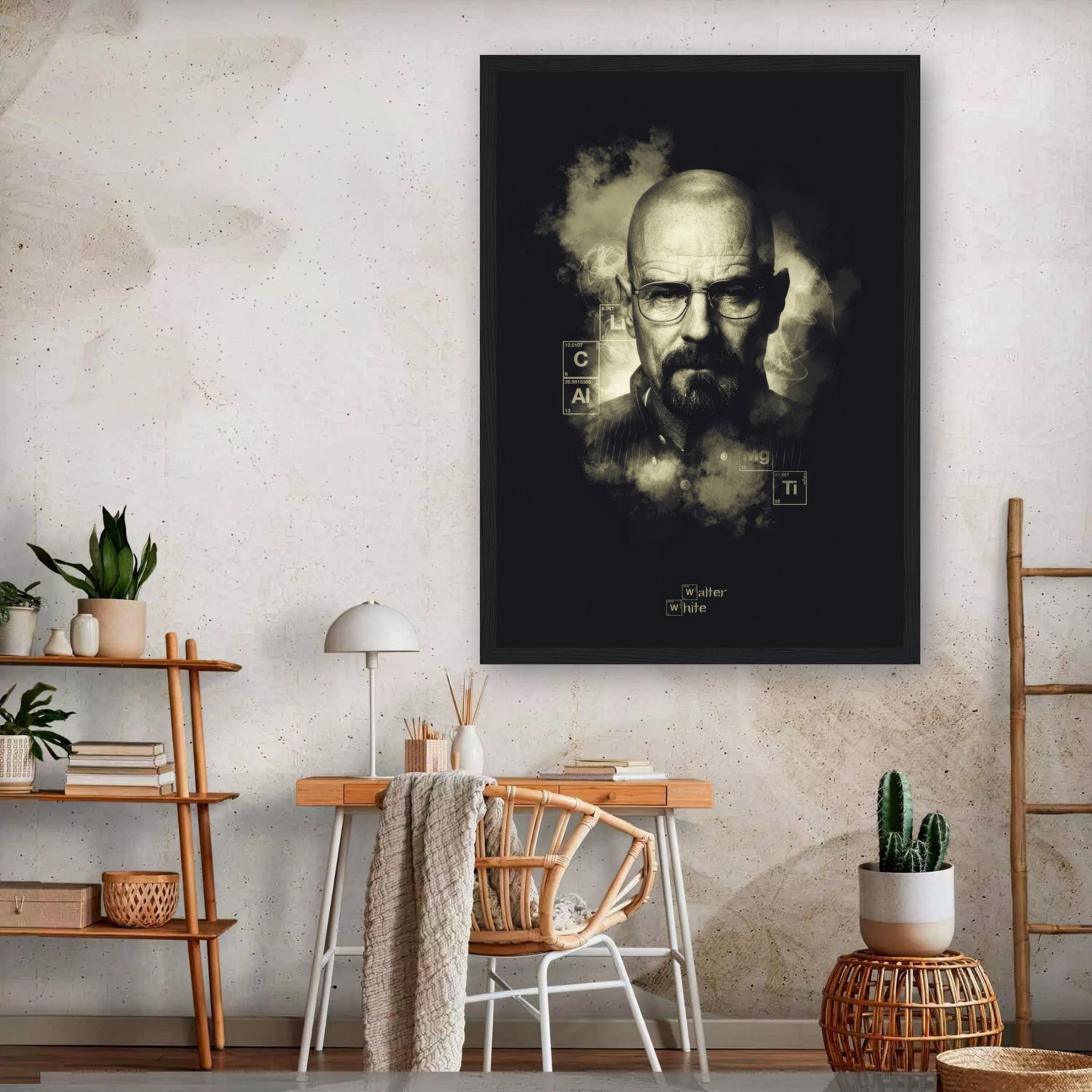 Walter White Heisenberg framed poster in a modern interior, showcasing iconic black-and-white artwork with smoky background.