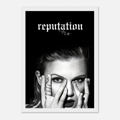 Taylor Swift Reputation framed print featuring bold black-and-white imagery and striking minimalist design.