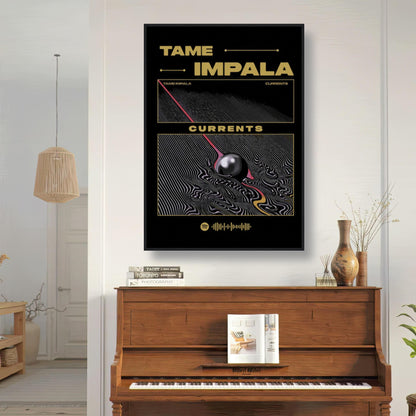 Tame Impala Currents framed poster displayed in a modern living room above a piano, featuring vibrant psychedelic artwork.