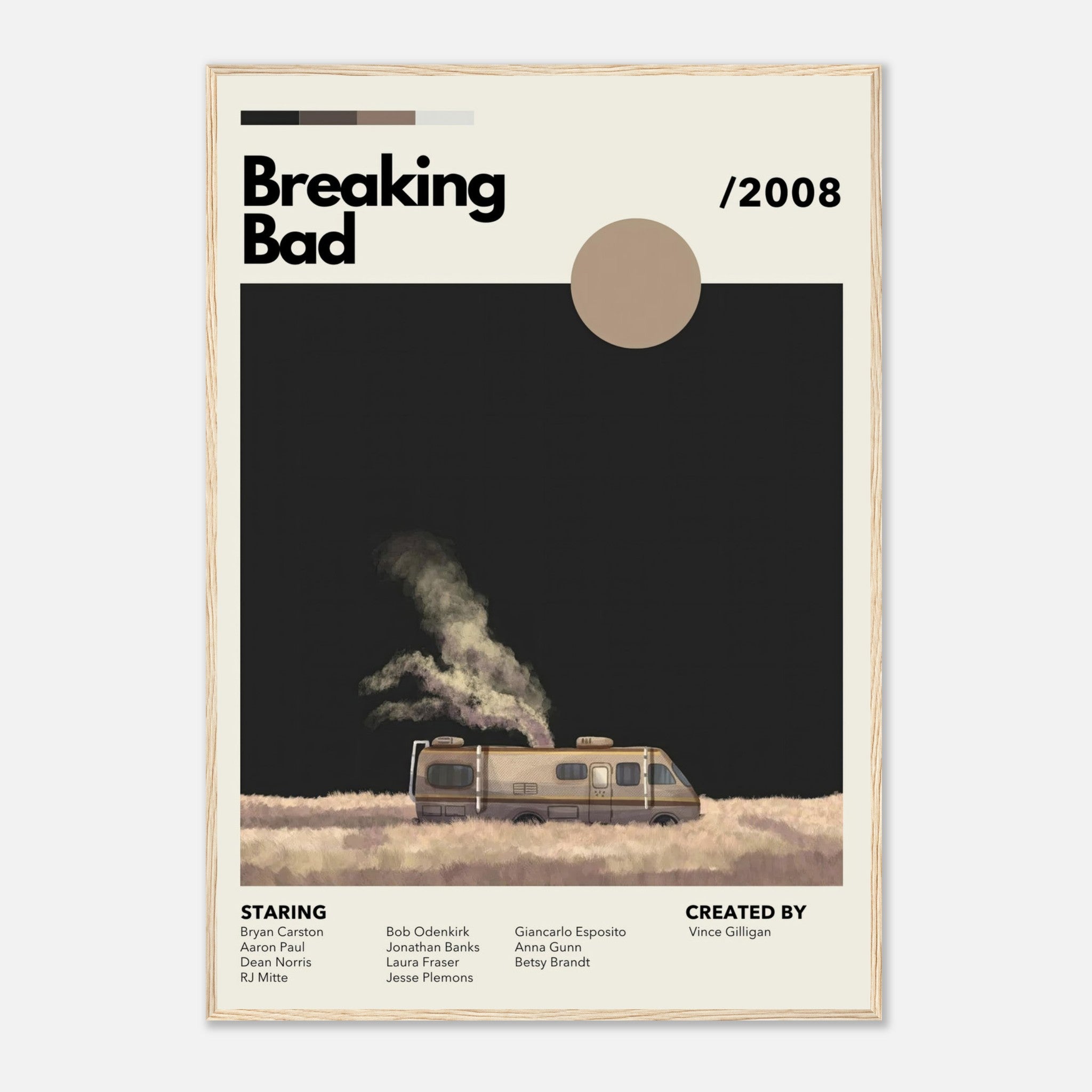 Vintage Breaking Bad RV framed print featuring minimalist design and warm earthy tones, celebrating iconic series moments.